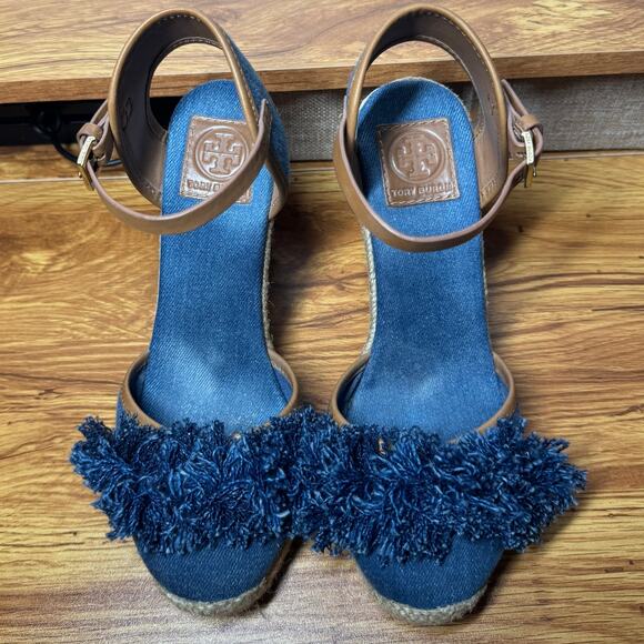 Tory Burch Women's 8 Shaw Blue Denim Royal Tan Espadrille Wedge Sandals N3874 - Picture 2 of 9